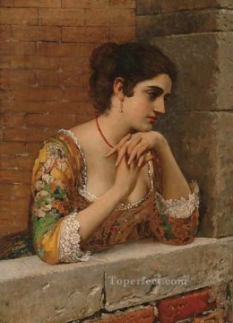 Eugenio de Blaas Painting - von belleza veneciana en el balcón dama Eugene de Blaas